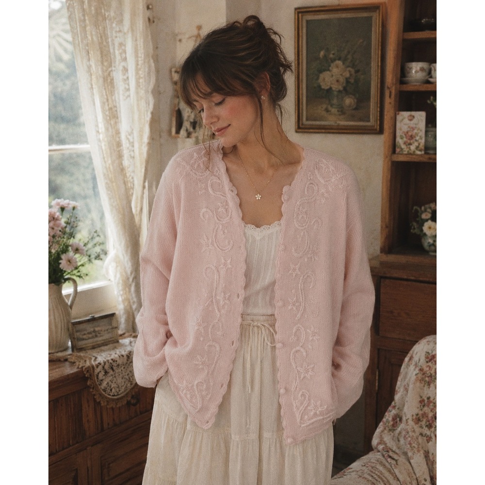 Karen Scott II Pink Floral Embroidered cottagecore grannycore feminine cardigan